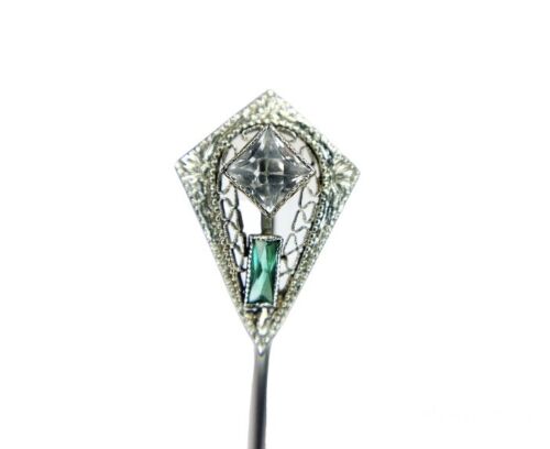 Art Deco 10k White Gold Green Emerald Baguette Shape Filigree Stick Pin