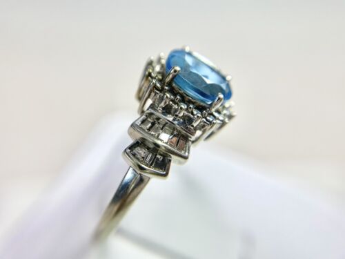 Vintage 10k White Gold Oval Blue Topaz Baguette Round Diamond Halo Cocktail Ring