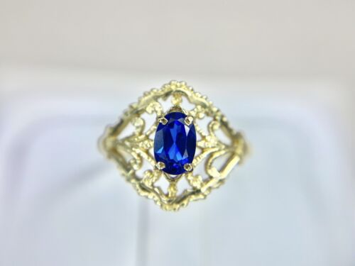 Vintage 14k Yellow Gold Oval Lab Created Blue Sapphire Filigree Cocktail Ring