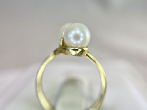 Vintage 14k Yellow Gold Round Diamond White Cultured Double Pearl Cocktail Ring