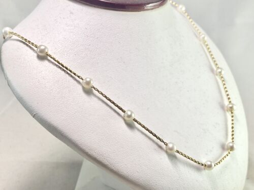 14k Yellow Gold Designer Signed White Round Akoya Pearl By The Yard Necklace