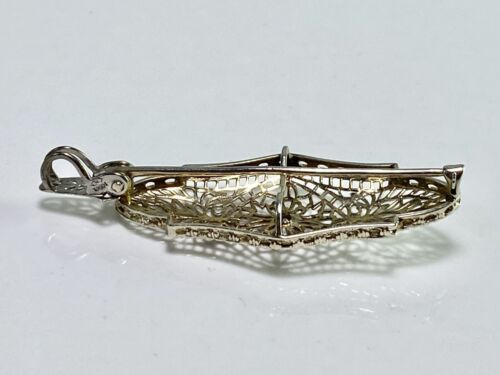 Vintage Art Deco 14k White Gold Old European Diamond Filigree Pin Pendant