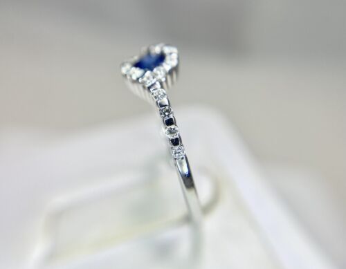 18k White Gold Natural Round Blue Sapphire Diamond Halo Bypass Ring