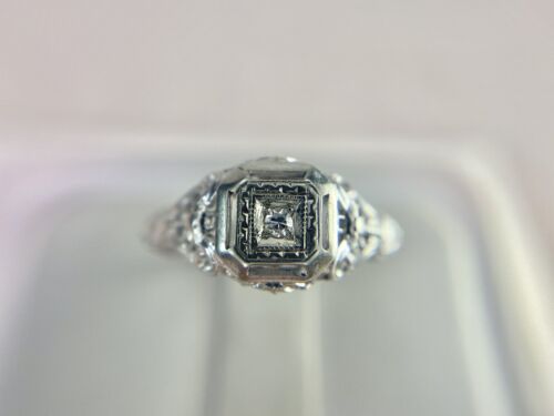 Art Deco 18k White Gold Round Single Cut Diamond Filigree Small Engagement Ring