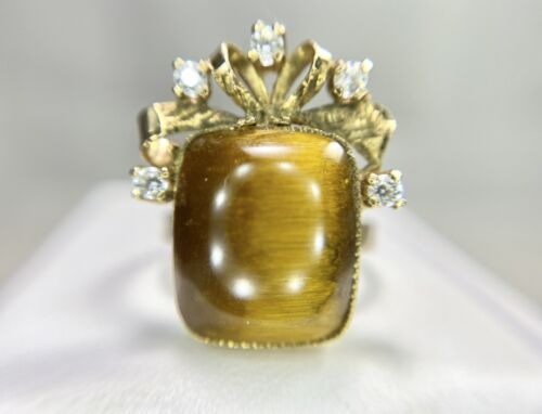 Vintage 10k Yellow Gold Tiger Eye Bezel Set Ribbon Cocktail Ring