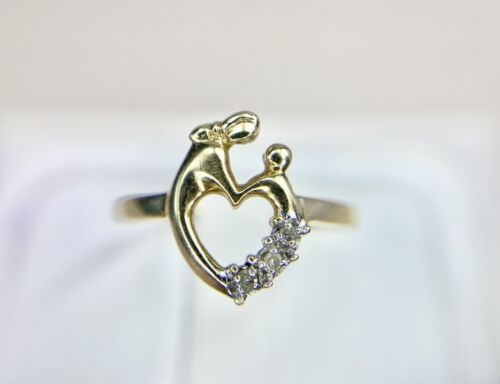 Vintage 10k Yellow Gold Natural Round Diamond Mother Child Heart Shape Ring