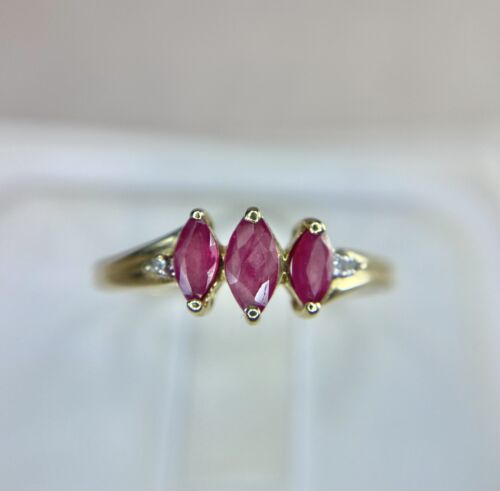 Vintage 10k Yellow Gold Marquise Red Ruby Round Single Cut Diamond Ring