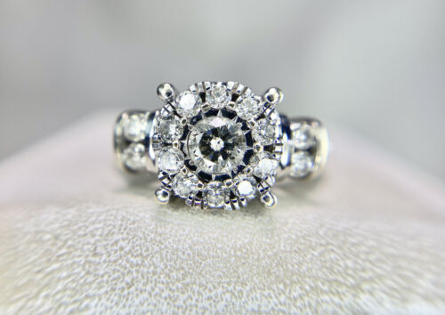 10k White Gold Natural Round Brilliant Diamond Illusion Set Big Engagement Ring