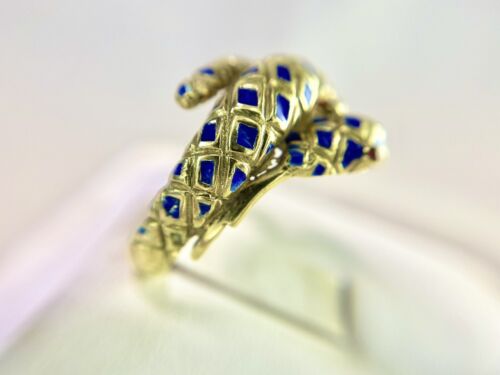 Vintage Art Deco 14k Yellow Gold Handcrafted Blue Enamel Red Ruby Snake Ring