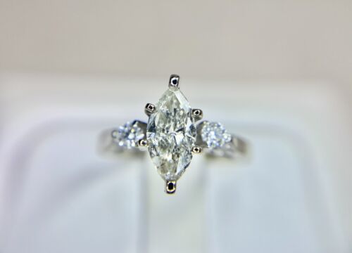 Vintage 14k White Gold Natural Marquise Round Diamond Engraved Engagement Ring