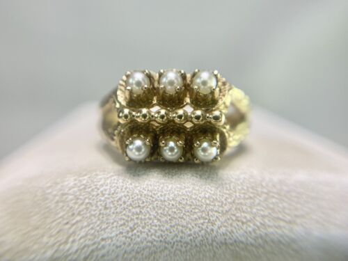 Vintage 10k Yellow Gold Round Cultured White Seed Pearl Cocktail Ring