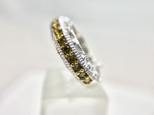 14k White Gold Designer Fancy Yellow Round Brilliant Diamond Filigree Band Ring