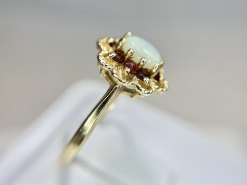 Vintage 10k Yellow Gold Oval White Opal Rhodolite Garnet Halo Cocktail Ring