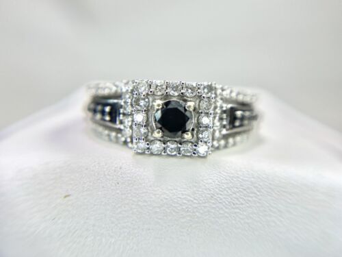 10k White Gold Designer Natural Round Black Diamond Halo Engagement Ring