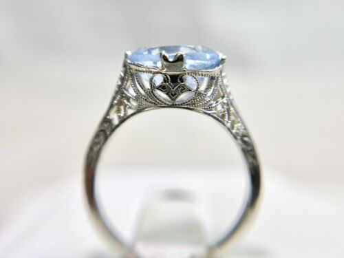 Vintage Art Deco 14k White Gold Oval Shape Blue Topaz Filigree Solitaire Ring