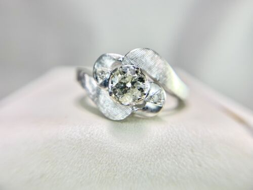 Vintage 14k White Gold Natural Round Brilliant Diamond By-Pass Engagement Ring