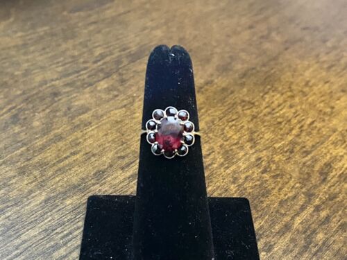 Vintage 10k White Gold German Signed Oval Round Rhodolite Garnet Halo Ring