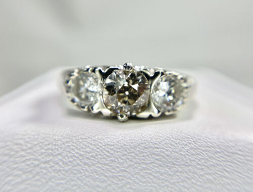 Vintage 14k White Gold Round Old European Diamond Three Stone Engagement Ring