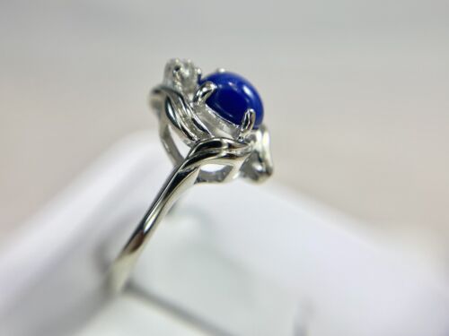 Vintage 14k White Gold Oval Star Sapphire Round Single Cut Diamond Cocktail Ring