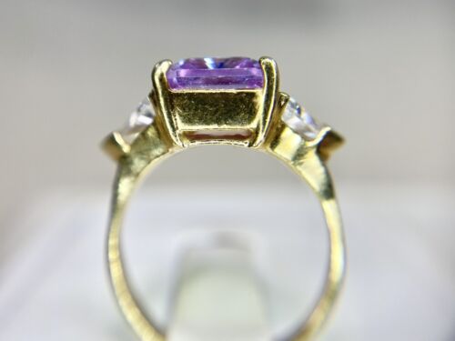 14k Yellow Gold Radiant Cut Trillion Fancy Vivid Pink Purple CZ Cocktail Ring