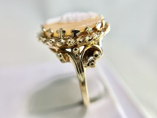 Vintage Art Deco 10k Yellow Gold Oval Pink Lady Cameo Big Cocktail Ring