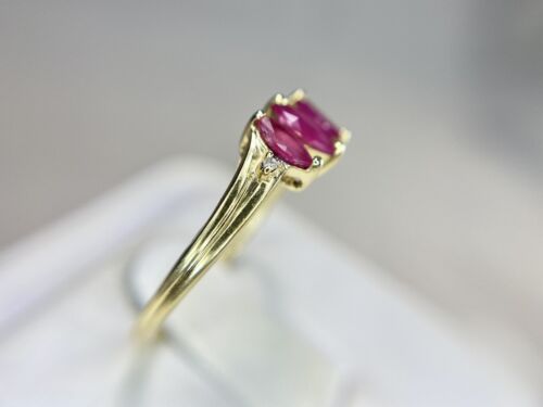 Vintage 10k Yellow Gold Marquise Red Ruby Round Single Cut Diamond Ring