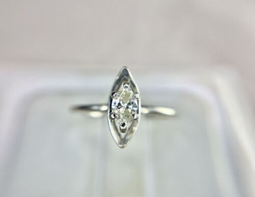 Art Deco 14k White Gold Natural Marquise Shape Diamond Solitaire Engagement Ring