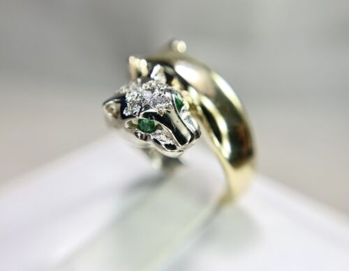 Vintage 14k Yellow White Gold Round Diamond Green Emerald Panther Head Ring