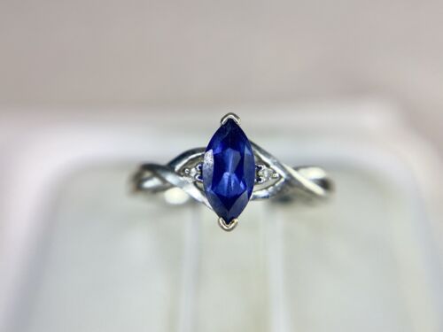 Vintage 10k White Gold Marquise Lab Created Blue Sapphire Round Diamond Ring