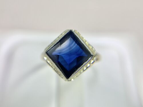 Art Deco 10k Yellow Gold Signed Square Blue Sapphire Filigree Solitaire Ring