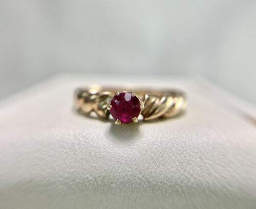 Vintage Art Deco 14k Rose Gold Natural Round Red Ruby Small Solitaire Ring