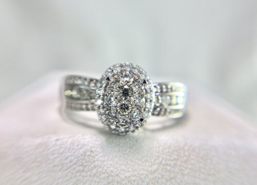 10k White Gold Designer Round Brilliant Diamond Oval Cluster Engagement Ring 