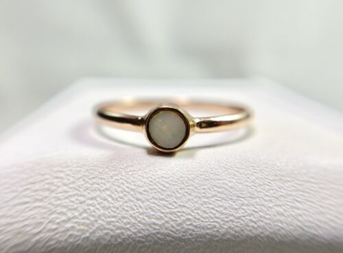 14k Rose Gold Natural Round Shape White Opal Bezel Set Ring