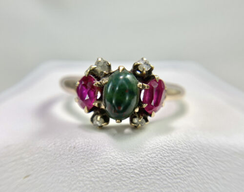 Victorian Vintage 10k Rose Gold Natural Oval Green Gemstone Round Diamond Ring