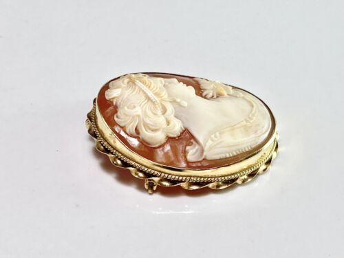 Vintage Art Deco 14k Yellow Gold Oval Shape Pink Lady Cameo Big Pin Pendant