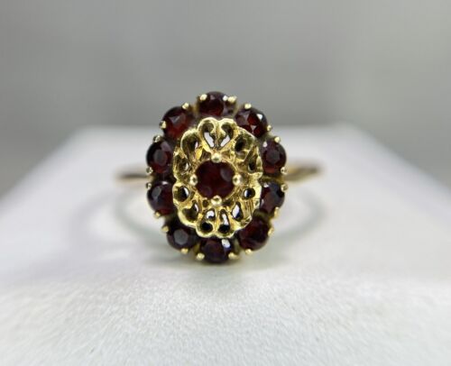 Vintage Edwardian 18k Yellow Gold Round Rhodolite Garnet Small Filigree Ring