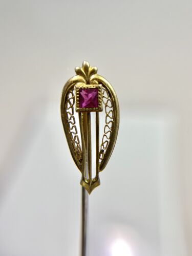 Art Deco 10k Yellow Gold Square Princess Cut Pink Gemstone Filigree Stick Pin