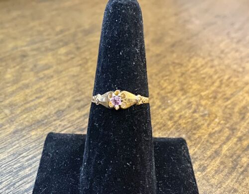 Vintage 14k Yellow Gold Round Natural Pink Sapphire Small Solitaire Ring