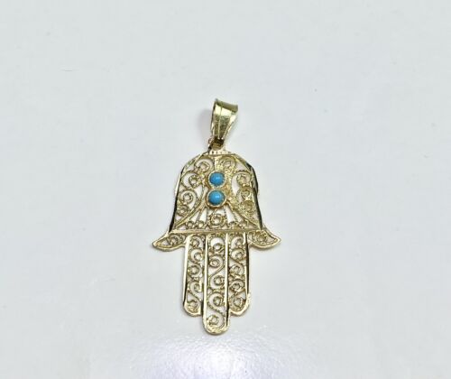 Vintage 14k Yellow Gold Blue Turquoise Hamsa Hand Evil Eye Pendant