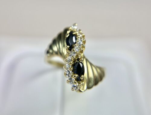 Vintage 14k Yellow Gold Natural Marquise Blue Sapphire Round Diamond Bypass Ring