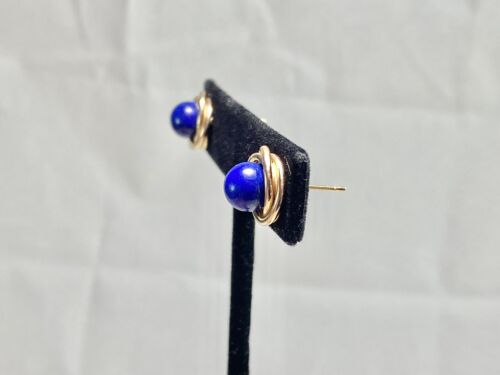 Vintage 14k Yellow Gold Handcrafted Natural Round Lapis Lazuli Stud Earrings