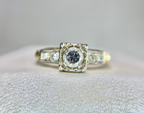 Art Deco 14k Yellow Gold Old European Natural Diamond Engagement Ring 1/3 ct