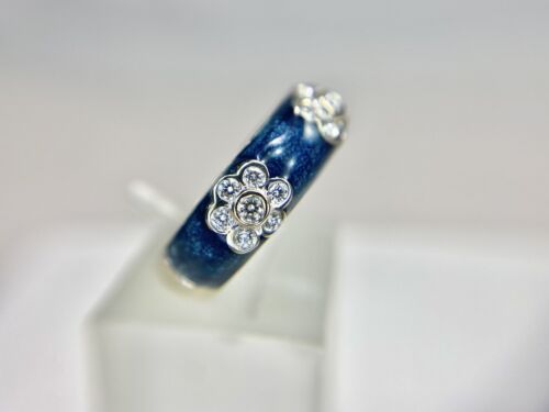 18k White Gold Natural Round Brilliant Diamond Bezel Set Blue Enamel Flower Ring