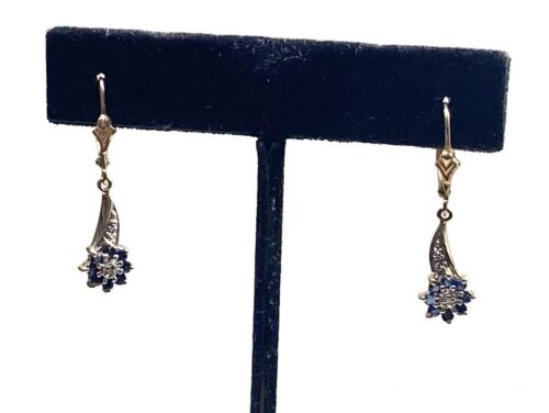 Vintage 10k Yellow Gold Natural Round Blue Sapphire Diamond Flower Earrings