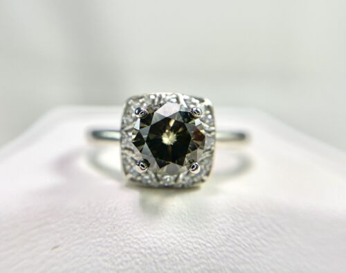 Vintage 14k White Gold Fancy Brown Color Diamond Halo Engagement Ring