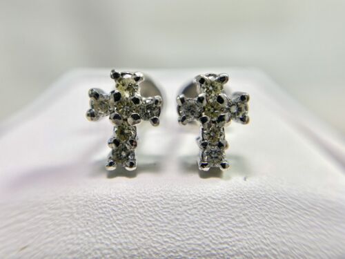 14k White Gold Natural Round Brilliant Diamond Religious Cross Stud Earrings