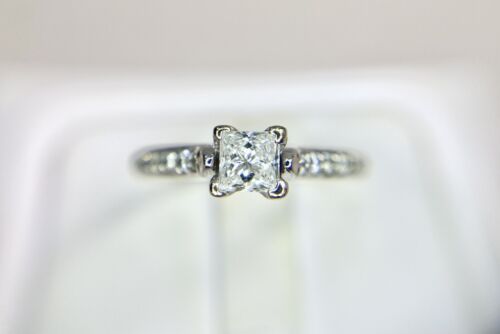 14k White Gold Natural Princess Cut Round Diamond Engagement Ring