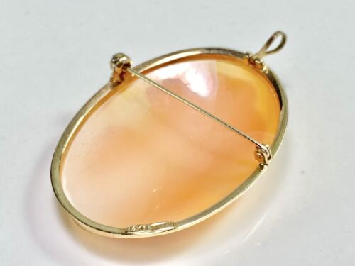 Vintage Art Deco 14k Yellow Gold Oval Shape Pink Lady Cameo Big Pin Pendant