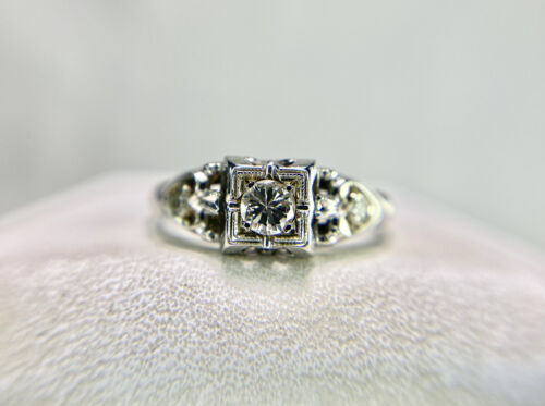 Art Deco 18k White Gold Natural Round Single Cut Diamond Small Engagement Ring