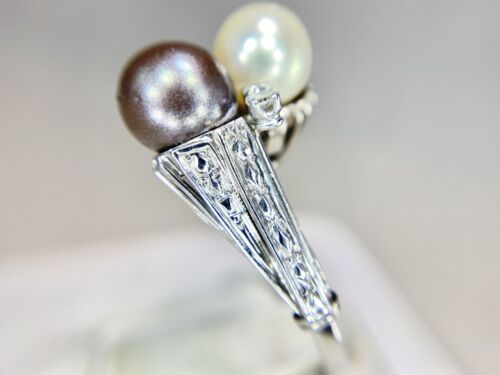 Art Deco Platinum Tahitian White Pearl Round Diamond Filigree Cocktail Ring